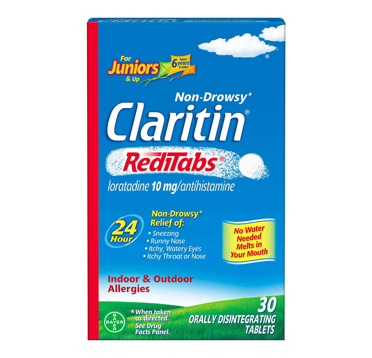 front view of a package of Claritin 24 hour reditabs for juniors