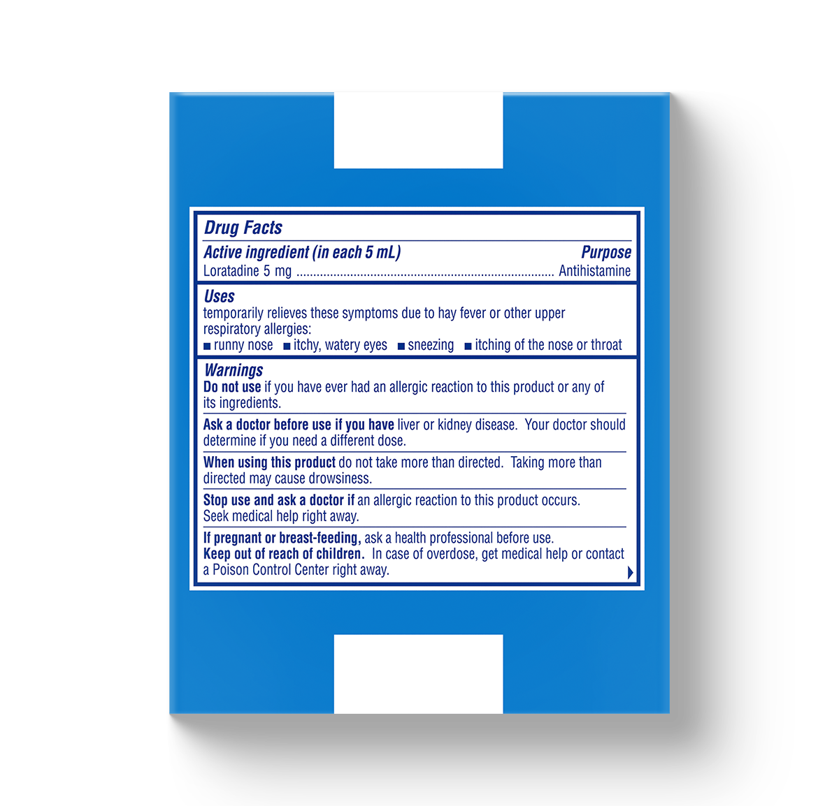 blue carton showing drug facts for Claritin® Liquid