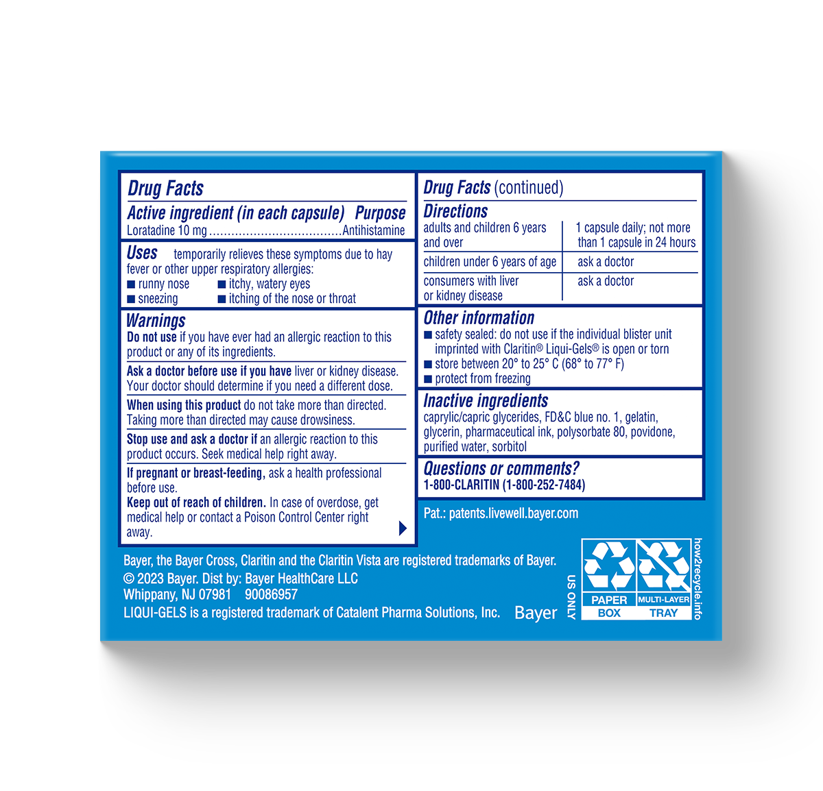 blue and white carton showing drug facts for Claritin® Liqui-Gels® 24-Hour