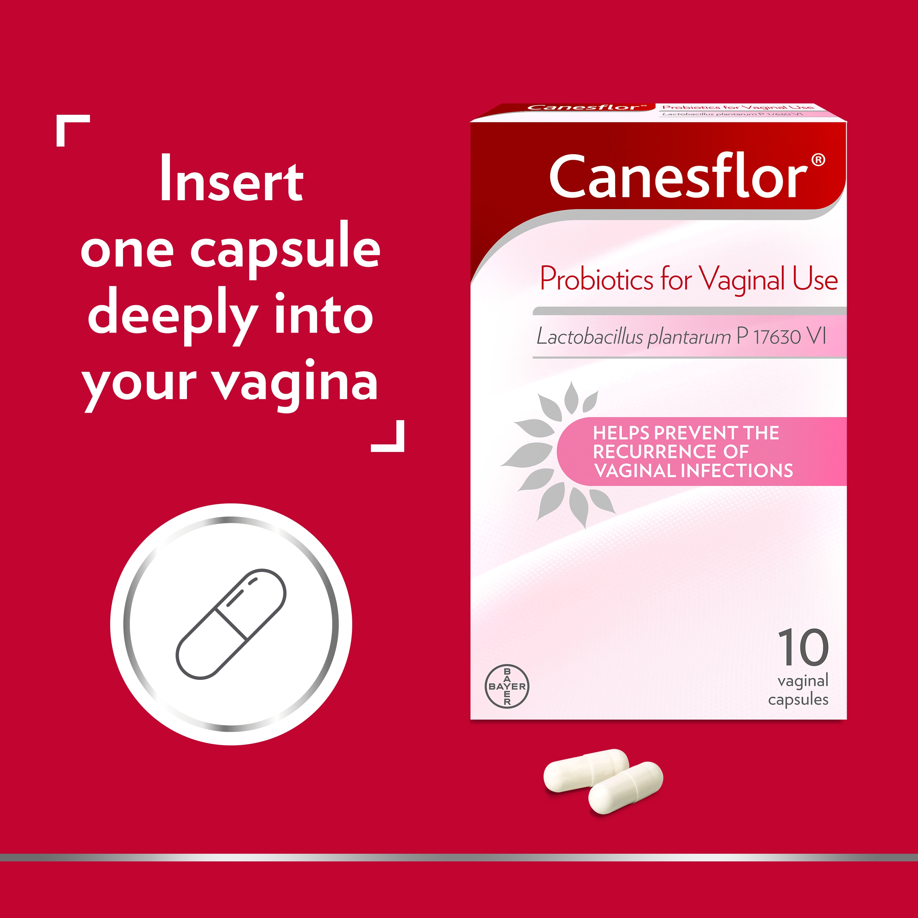 Canesflor Probiotics for Vaginal Use, capsule icon on the left side of picture with caption: Insert one capsule deeply into your vagina.