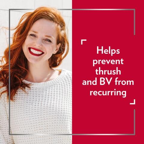 Smiling red-haired woman saying Helps prevent thrush and BV from recurring