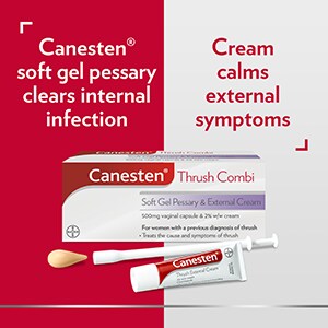Canesten Thrush Combi Soft Gel Pessary and External Cream with the caption Canesten softgel pessary clears internal infection, and cream calms external symptoms