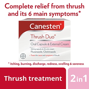 Thrush treatment 2 in 1, Canesten Thrush Duo Oral Capsule and External Cream, with caption Complete relief from thrush and its 6 main symptoms* *Itching, burning, discharge, redness, soreness and swelling.