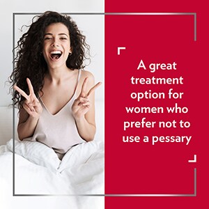 Young smiling woman with dark hair showing ‘V’ signs, with the caption ‘A great alternative treatment for women who prefer not to use a pessary’.