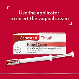 Canesten Thrush Internal Cream with vaginal cream and applicator, with the caption Use the applicator to insert the vaginal cream