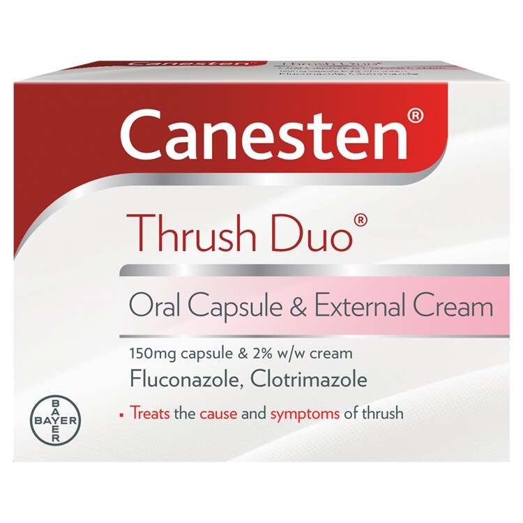 Graphic design of Canesten Thrush Duo Oral Capsule and External Cream