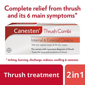 Thrush treatment 2 in 1, Canesten Thrush Combi Internal and External Creams, with the caption Complete relief from thrush and its 6 main symptoms *Itching, burning, discharge, redness, soreness and swelling.