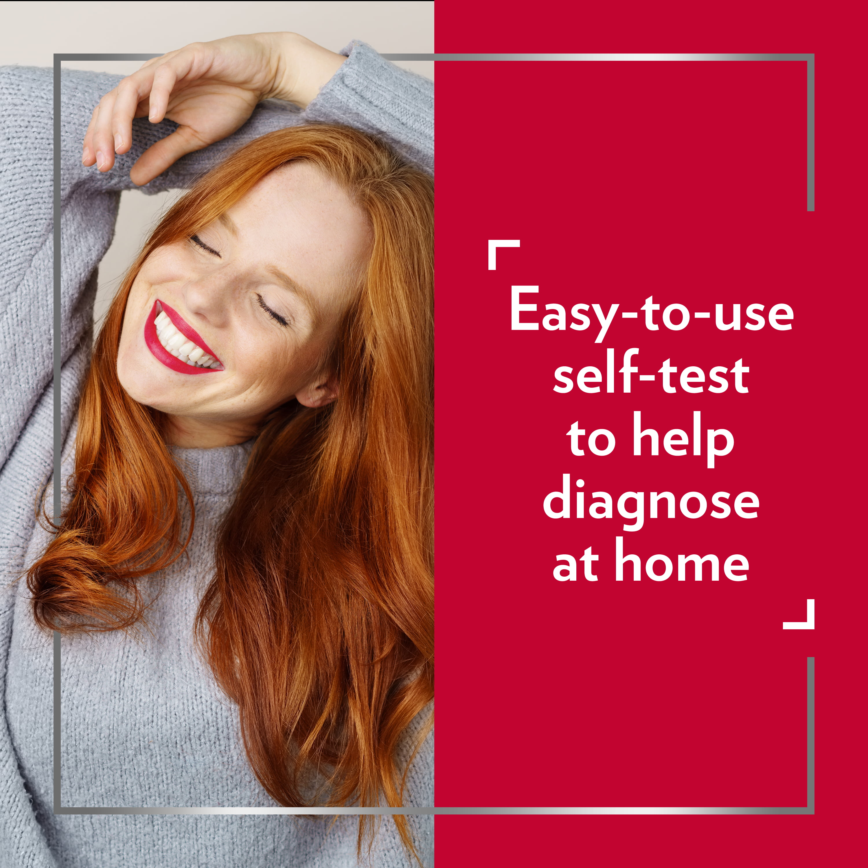 Smiling and stretching young red-haired woman saying, Easy-to-use self-test to help determine at home which condition you might be suffering from 